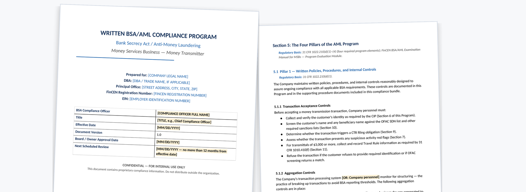 AML compliance document preview showing professional formatting, regulatory citations, and gold-highlighted fill-in fields